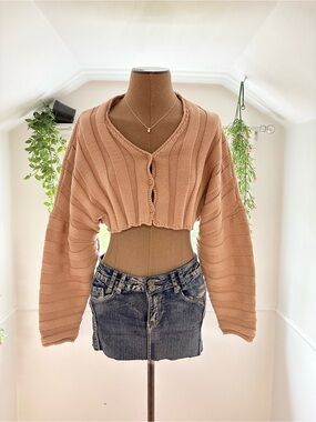 Fashion Nova Cropped Knit Cardigan - Beige/Tan